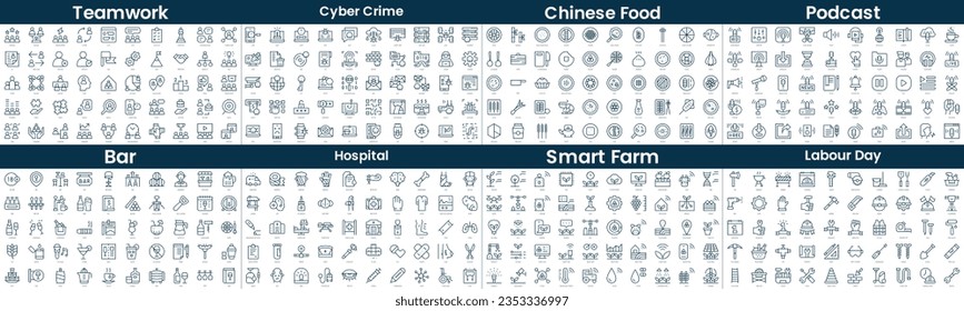 Linear Style Icons Pack. In this bundle include teamwork, cyber crime, chinese food, podcast, bar, hospital, smart farm, labour day