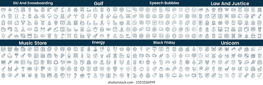 Linear Style Icons Pack. In this bundle include ski and snowboarding, golf, speech bubbles, law and justice, music store, energy, black friday, unicorn