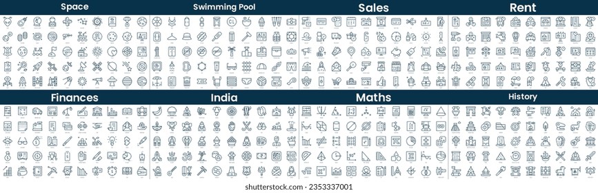 Linear Style Icons Pack. In this bundle include space, swimming pool, sales, rent, finances, india, maths, history