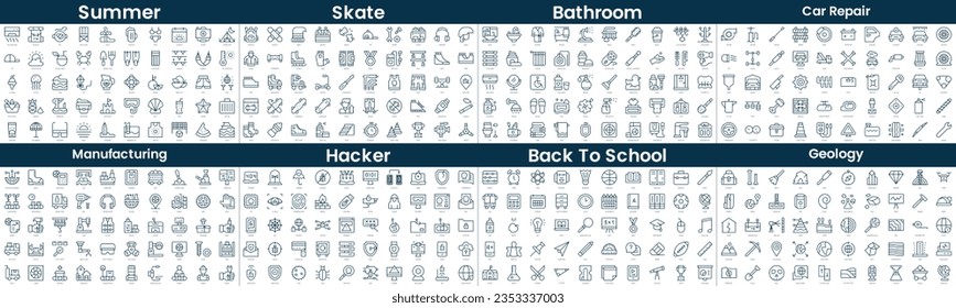 Paquete de iconos de estilo lineal. En este paquete se incluye verano, patín, baño, reparación de autos, manufactura, hacker, de vuelta a la escuela, geología