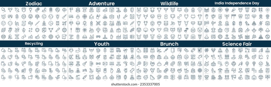 Linear Style Icons Pack. In this bundle include zodiac, adventure, wildlife, india independence day, recycling, youth, brunch, science fair