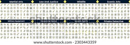 Linear Style Icons Pack. In this bundle include martial arts, law and justice, wildlife, scenic arts, military equipment, responsive design, aquatic sports, private detective