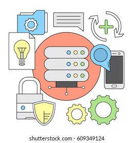 Linear Style Icons. Server Computing Concept Elements. Colorful Backgrounds