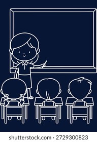 Ilustración de estilo lineal de una escena de aula con profesor y estudiantes, perfecto para materiales educativos y conceptos de regreso a la escuela