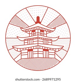 Uma ilustração de estilo linear representando o templo de horyuji