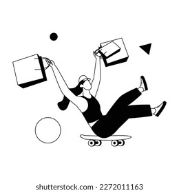 Linear style illustration of a skating happy shopper 