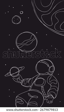 Linear style illustration of space and an astronaut with a black background and white lines