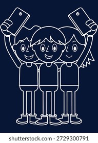 Lineare Illustration von drei Freunden, die ein Selfie mit Smartphones machen, die Zusammengehörigkeit und moderne Verbindung feiern.