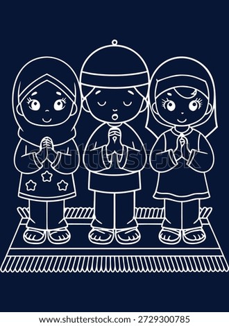 Linear style illustration of three Muslim children praying together, showcasing faith and devotion during an Islamic festival celebration.