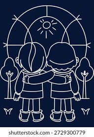 Ilustración de estilo lineal de dos niños abrazados bajo un arco con un sol, evocando temas de amistad, unidad y celebración cultural.