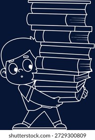 Lineare Darstellung eines jungen Jungen, der darum kämpft, einen großen Stapel Bücher zu tragen, der Bildung und akademischen Druck repräsentiert.