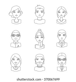 Linear style people icon set. Modern men and women in outline style, different characters. People userpics linear icons. Vector illustration in outline style.