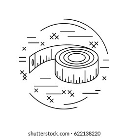 Linear style picture. Line icon with cross stitch decorative elements. Sewing supplies. Centimeter tape. Vector illustration.