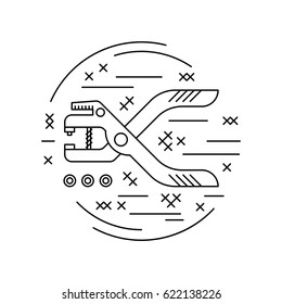 Linear style picture. Line icon with cross stitch decorative elements. Sewing supplies. Hole punch. Vector illustration.