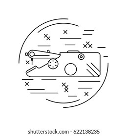 Linear style picture. Line icon with cross stitch decorative elements. Hand sewing machine. Vector illustration.