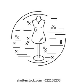 Linear style picture. Line icon with cross stitch decorative elements. Sewing supplies. Tailor's dummy. Vector illustration.