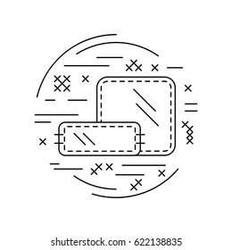 Linear style picture. Line icon with cross stitch decorative elements. Sewing supplies. Stitch patch. Vector illustration.