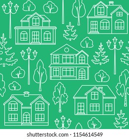 Linear style seamless pattern with houses and trees for background, wrapping and cover design.
