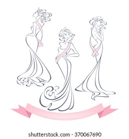 Linear style silhouettes of beautiful girls in evening dresses with premium ribbon isolated on white. The winner of the beauty contest, miss,  queen. Vector illustration in outline style