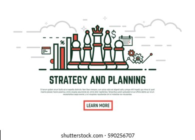 Linear style strategy and planning vector illustration. Chess pieces with gears and growth chart banner. Line and bar graph placard. Text and learn more button.