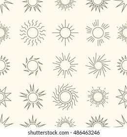 Linear style suns in the sky seamless pattern background. Vector illustration