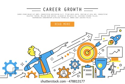 Linear style web banner about career growth, human resource management, candidates hiring, ladder, leadership. Line vector