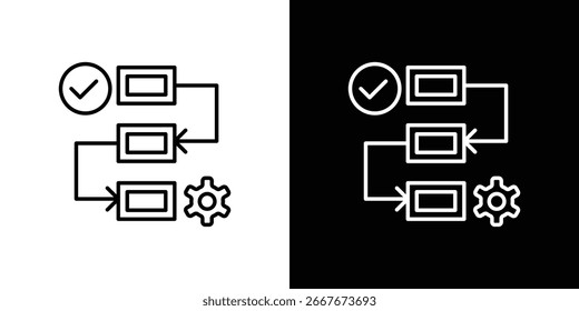 Ícone de fluxo de trabalho de estilo linear mostrando etapas do processo, marca de seleção e engrenagem. Isolado em fundos brancos e pretos.