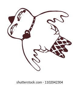 Linear Stylish Cartoon Bird, tail in a box, a necklace on the neck and heart. Hand drawn vector stock illustration.
