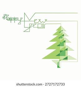 Abeto estilizado lineal con texto de Feliz Año Nuevo en un estilo gráfico minimalista y limpio. Ilustración invernal moderna adecuada para Navidades y proyectos de Nuevo año, tarjetas de vacaciones, carteles, Anuncios, redes sociales, marca, embalaje y diseño digital. Composición de arte lineal simple con mensaje festivo claro. Ilustración vectorial para uso estacional.