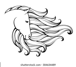 Linear stylized horse. Black and white graphic. Vector illustration can be used as design for tattoo, t-shirt, bag, poster, postcard