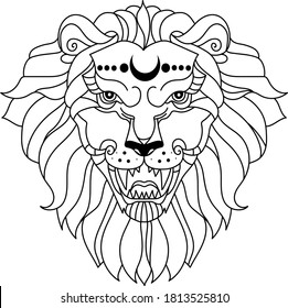 Linear stylized lion. Black and white graphic. Vector illustration can be used as design for tattoo, t-shirt, bag, poster, postcard