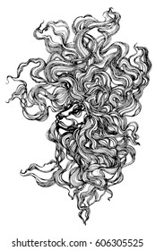 Linear stylized lion. Black and white graphic. Vector illustration can be used as design for tattoo, t-shirt, bag, poster, postcard