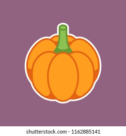 Linear stylized pumpkin icon. Fancy, cartoon, sticker style. Vector illustration, isolated. On purple background.