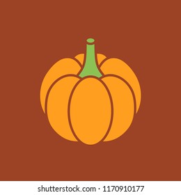 Linear stylized pumpkin icon, silhouette. Vector illustration, isolated. On dark orange background.