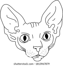 Gato Sfinx con estilo lineal. Gráfico en blanco y negro. La ilustración vectorial se puede usar como diseño para tatuajes, camisetas, bolsos, afiches, postales