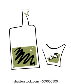 Linear stylized whiskey bottle and glass. Vector isolated.