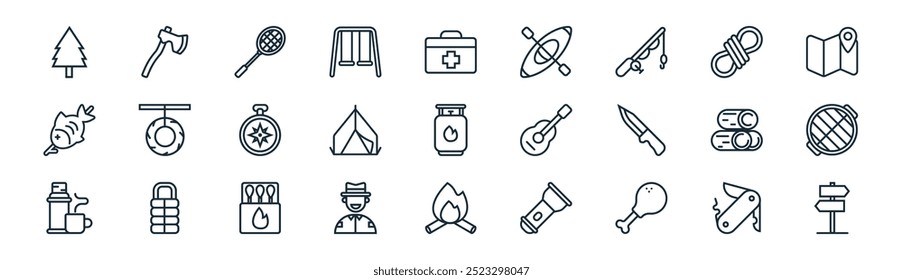 linear summer camping icon pack. vector thin line swiss knife, axe, badminton, rope, tent,  , bonfire, road icons suitable for apps and websites ui designs