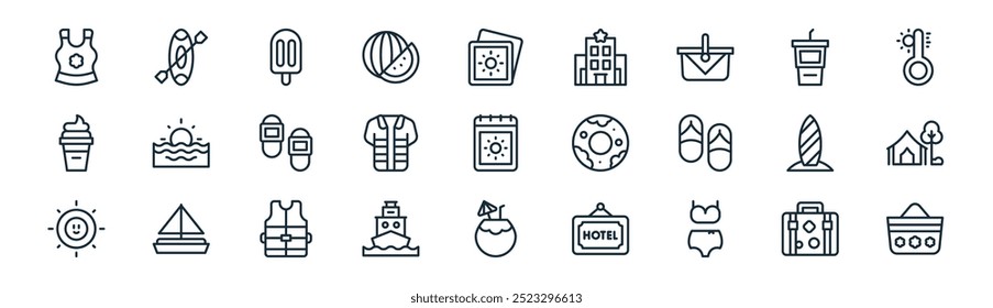 linear summer icon pack. vector thin line luggage, canoe,  , soda, shirt, camping, coconut drink, beach bag icons suitable for apps and websites ui designs