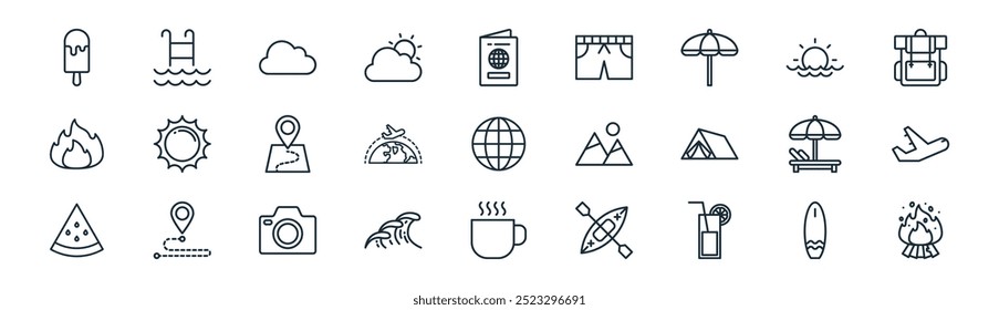 linear summer icon pack. vector thin line suroard, swimming pool, cloud, sun, travel, plane, mug, campfire icons suitable for apps and websites ui designs