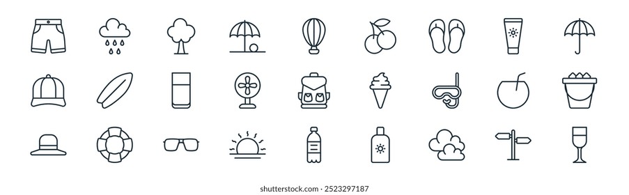 linear summer icon pack. vector thin line  , rain, tree, sunblock, table fan, ice bucket, water bottle, juice icons suitable for apps and websites ui designs