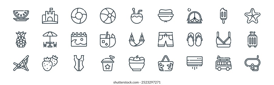 linear summer icon pack. vector thin line surf van, sand castle, rubber ring, ice cream, lemonade, luggage, banana split, snorkel icons suitable for apps and websites ui designs