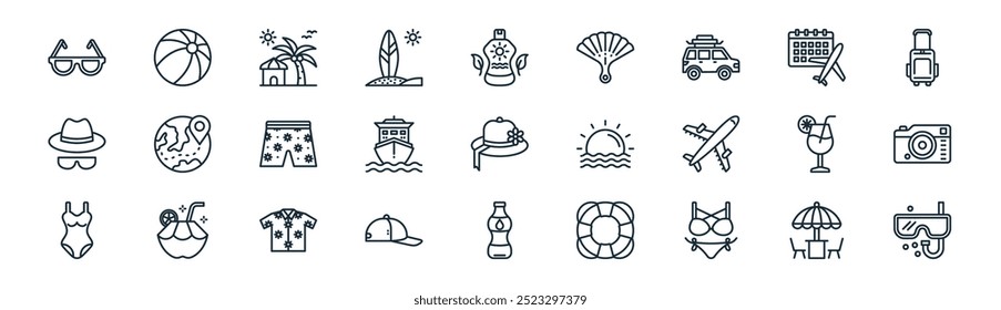 linear summer icon pack. vector thin line sun umbrella, beach ball, resort, calendar, ship, camera, water bottle, snorkel icons suitable for apps and websites ui designs