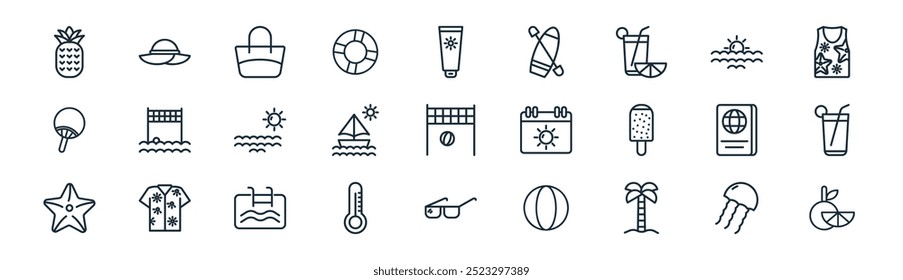 linear summer icon pack. vector thin line jellyfish, sun hat, bag, sun, sailing, cocktail drink, sun glasses, orange icons suitable for apps and websites ui designs