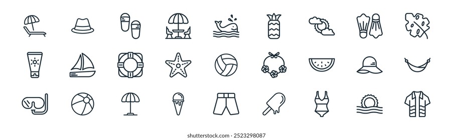 linear summer icon pack. vector thin line sun, fedora hat, slippers, fins, starfish, hammock, shorts, hawaiian shirt icons suitable for apps and websites ui designs