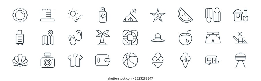 linear summer icon pack. vector thin line caravan, pool, sun, flipper, tree, bed, basket ball, cooking icons suitable for apps and websites ui designs