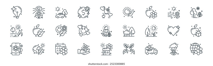 linear summer icon pack. vector thin line rain, camera, car, wind, smile,  , shop, flower icons suitable for apps and websites ui designs