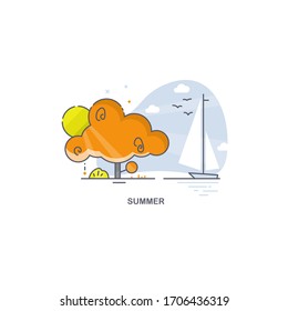 Linear summer landscape. Seasons illustration or logo