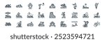 linear summer season icon pack. vector thin line lemon juice, swimming pool, bikini, sunbathing,  , water ski, picnic table, water bucket icons suitable for apps and websites ui designs