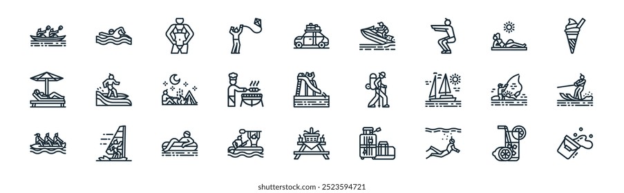 linear summer season icon pack. vector thin line lemon juice, swimming pool, bikini, sunbathing,  , water ski, picnic table, water bucket icons suitable for apps and websites ui designs