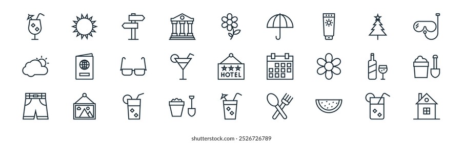 linear summer and travel icon pack. vector thin line soda, sun, guidepost, christmas tree, lemon juice, sand bucket, drink, cottage icons suitable for apps and websites ui designs